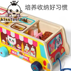 Kissteether Juguetes Educativos de madera para niños, remolque con forma de camión de helados de arrastre, con reconocimiento de Color, regalos para niños