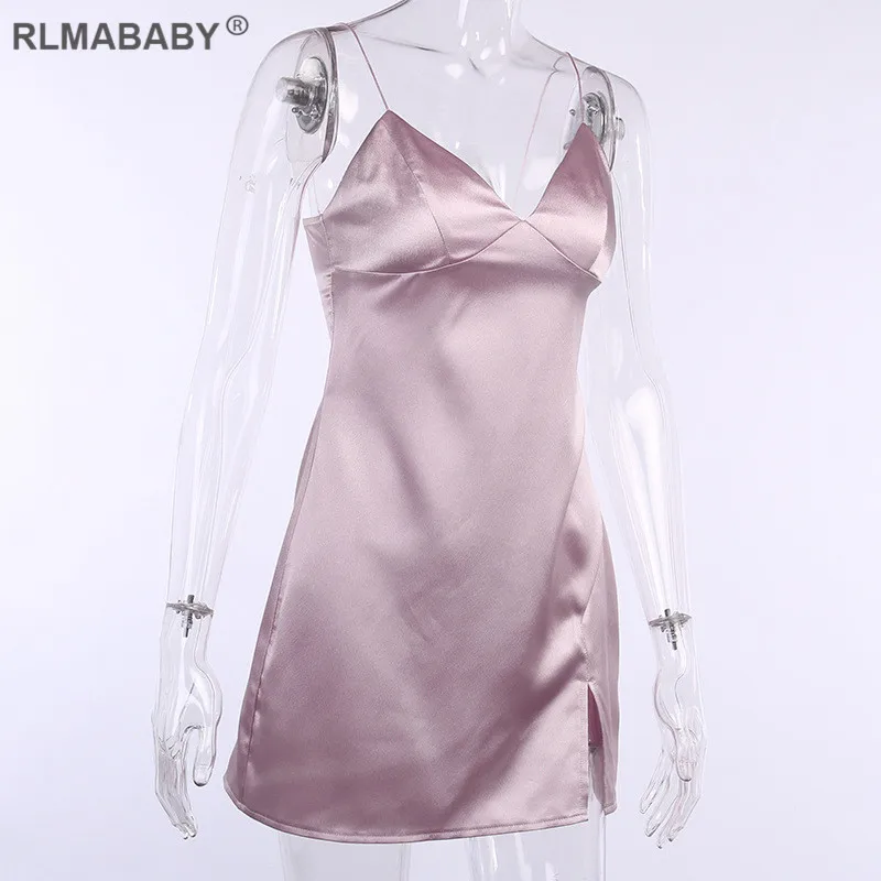Summer Solid Sexy Dress Spaghetti Strap Backless Split Women Bodycon Mini Dress Night Club Party Dress Casual Home Satin Dress