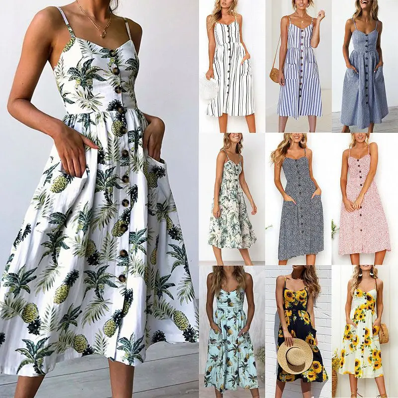 

Vintage Casual Sundress Female Beach Dress Midi Button Backless Polka Dot Striped Women Dress Summer 2020 Boho Sexy Floral Dress
