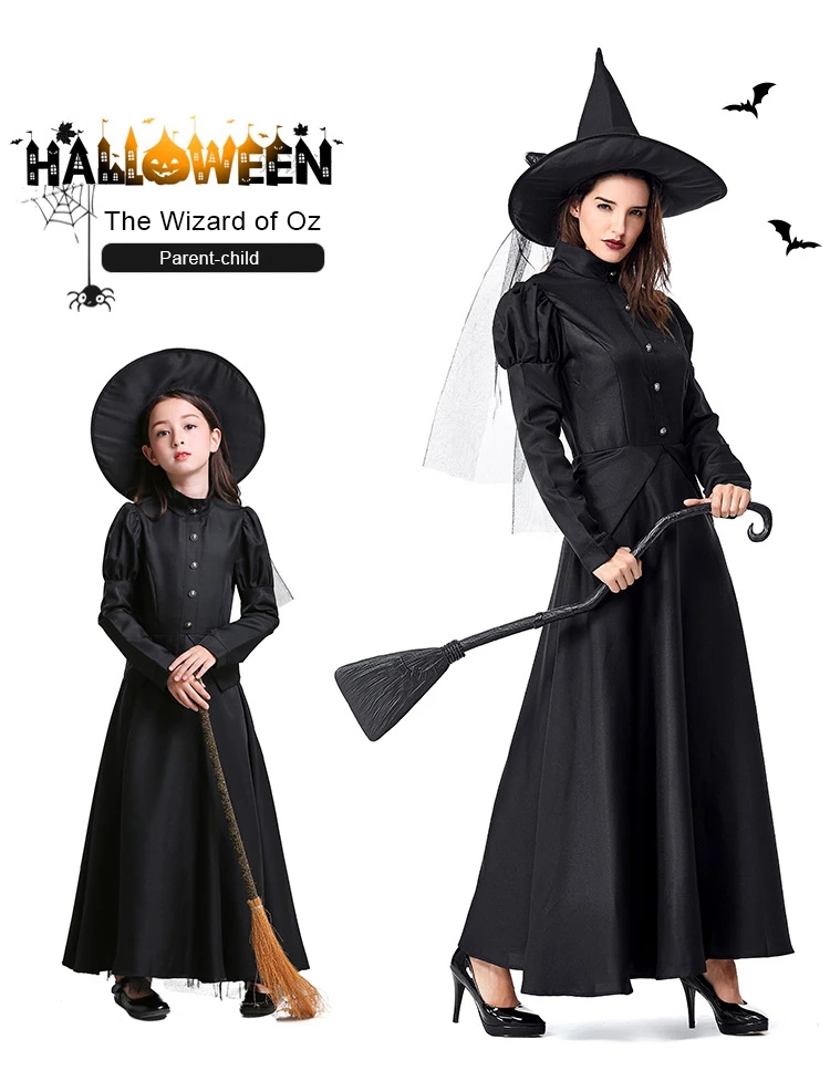 Наряд для родителей и ребенка черное платье колдуньи костюм колдуньи для костюмированной вечеринки Взрослый Хэллоуин костюм платья