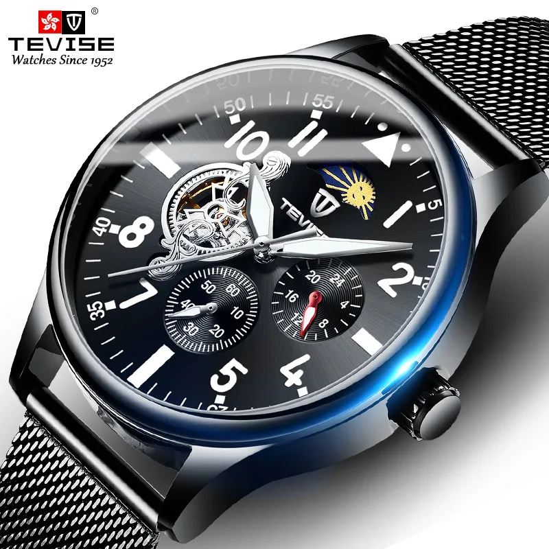 Tevise Новая мода для мужчин автоматические механические часы сталь Tourbillon Скелет наручные часы хронограф наручные часы Relogio Masculino