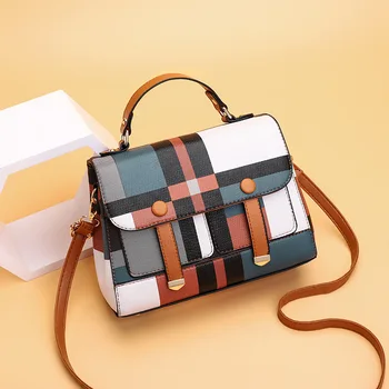 

2019 Korean Version PU Leather Contrast Color Plaid Retro Wild Fashion Handbag Large Capacity Messenger Shoulder Bag