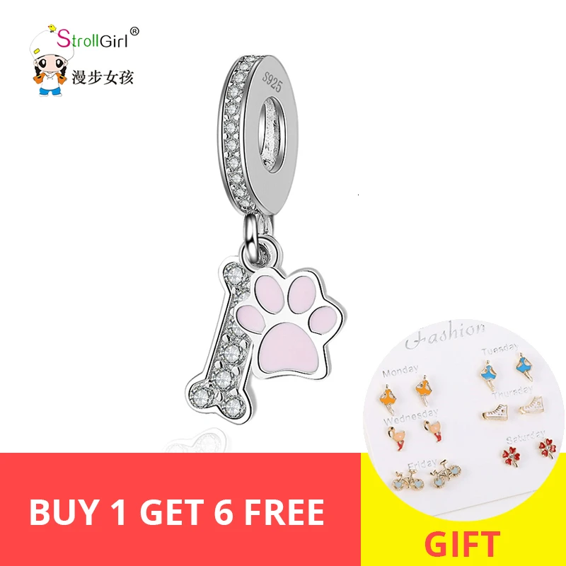 

StrollGirl 100% 925 sterling silver pink Enamel dog claw bone beads CZ pendant for Pandora bracelet ladies fashion jewelry gifts