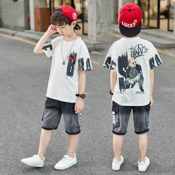 

5-10 years old children's clothing boys summer suit new summer fashion printing big children handsome tide two-piece suit