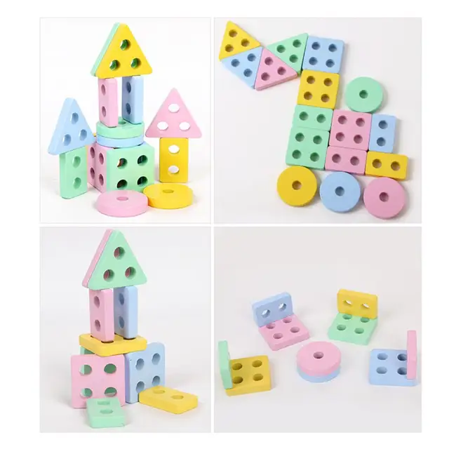 Montessori Colorful Blocks Toy Wooden Educational Toy Geometric Assembling Blocks Toy Kid Stacked Early Learning Educational Toy 2