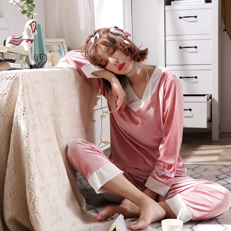 

Pajamas Women's Autumn And Winter New Style Gold Velvet Tracksuit Korean-style Fresh Students Long Sleeve Trousers Two-Piece Set