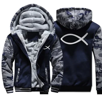 

Men JESUS fish black white two-color printing fashion hooded hoodie camouflage fleece sweatshirt 2020 autumn winter coat jackets
