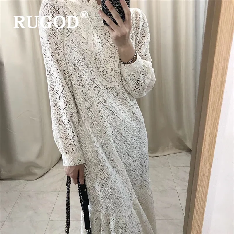 RUGOD корейские винтажные платья для женщин Модное Элегантное темпераментное женское вечернее платье однотонное кружевное с рюшами Свободное длинное платье Весна