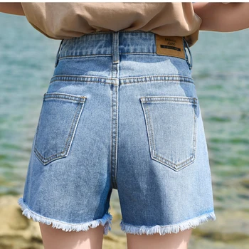 

2020 Summer Tassel Denim Shorts blue Skinny High Waisted Shorts Button Pockets Casual Women Jeans Fashion Short pants Streetwear