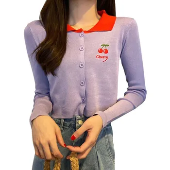 

Women Fashion Long-sleeved Embroidery Thin Knitted Sweet Cherry Print Corp Tops Lazy Style Short Top