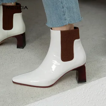 

MEGCIA 2020 Real Leather High Heels Boots Women Pointed Toe White Ankle Boots Patent Boots Elastic Shoes Black Autumn Winter A30