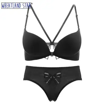

Front Closure Bras Wire Free Lingerie Sets Black Seamless Bras Back Ribbon Design Intimates Bra & Brief Sets Underwear Intimates