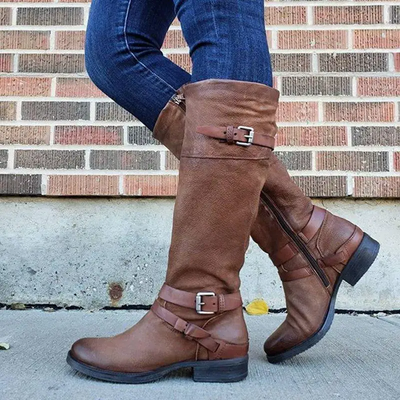 Women Boots Side Zipper Autumn Winter Boots Long Tube Buckle Design New Low Heel PU Leather Brown Shoes Woman Botas Mujer Women Boots Side Zipper Autumn Winter Boots Long Tube Buckle Design New Low Heel PU Leather Brown Shoes Woman Botas Mujer