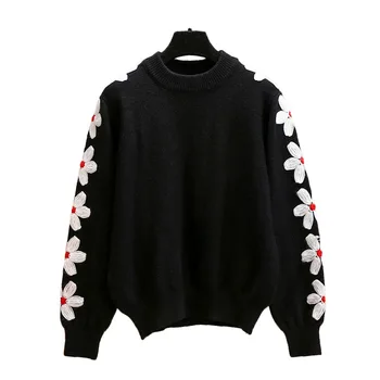 

Hand Hook Floral Embroidery Sweater Women Tops Heavy Industry Long Sleeve Knitted Pullovers Outerwear T70419