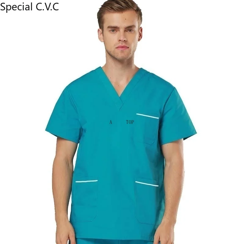 Men's Scrub TOP Color Blocking Design Short Sleeved V-collar Shirt Pure Cotton Medical Uniforms with Side Vent ( Just A Top)