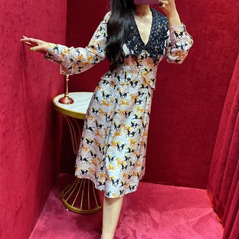 

Women V-neck Knee-length DressSilk Long-sleeved Horse Print Loose Hollow out Dresses 2020 New