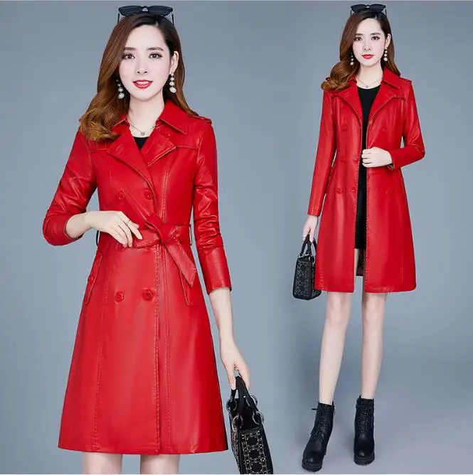 red 100 cm legnth Женская куртка из овчины, искусственная кожа, пояс, готический черный Тренч, быстрая стирка, Осень-зима, двубортное пальто размера плюс, хлопковое пальто - Цвет: red 100 cm legnth