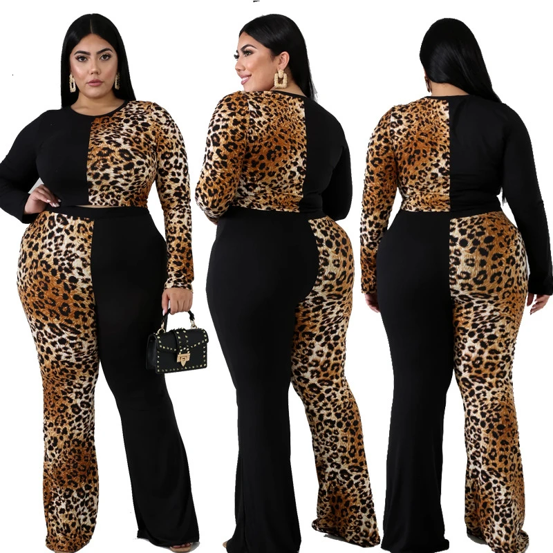 Plus Size 5xl Women Two Piece Set Top And Pants Tracksuit Sweatsuit Outfits Vintage Leopard Patchwork Casual Sets Autumn Winter
