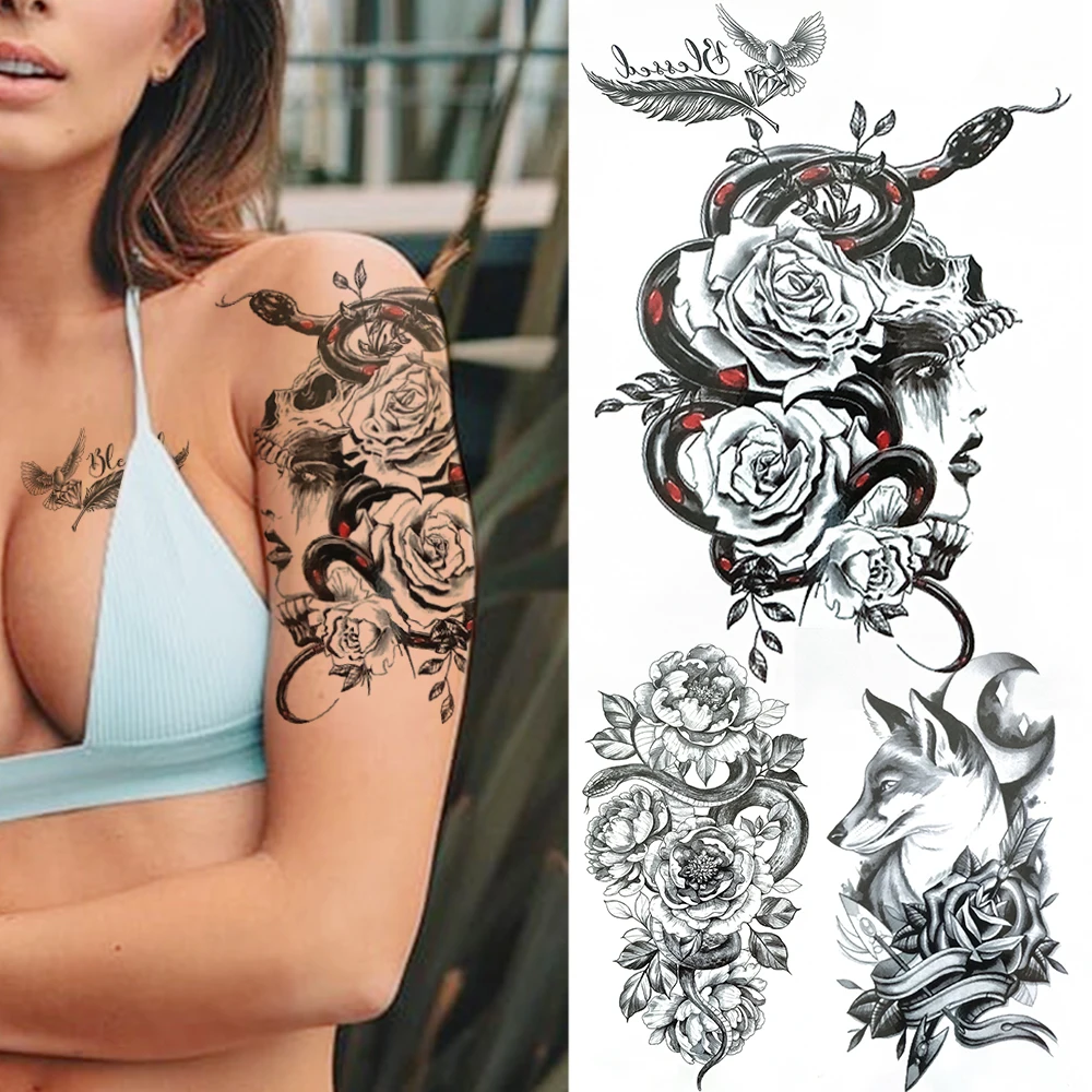 

Snake Rose Flowers Temporary Tattoos For Women Death skull Fake Tattoo Sticker Black Daisy Wolf Waterproof Tatoos Body Art Chest