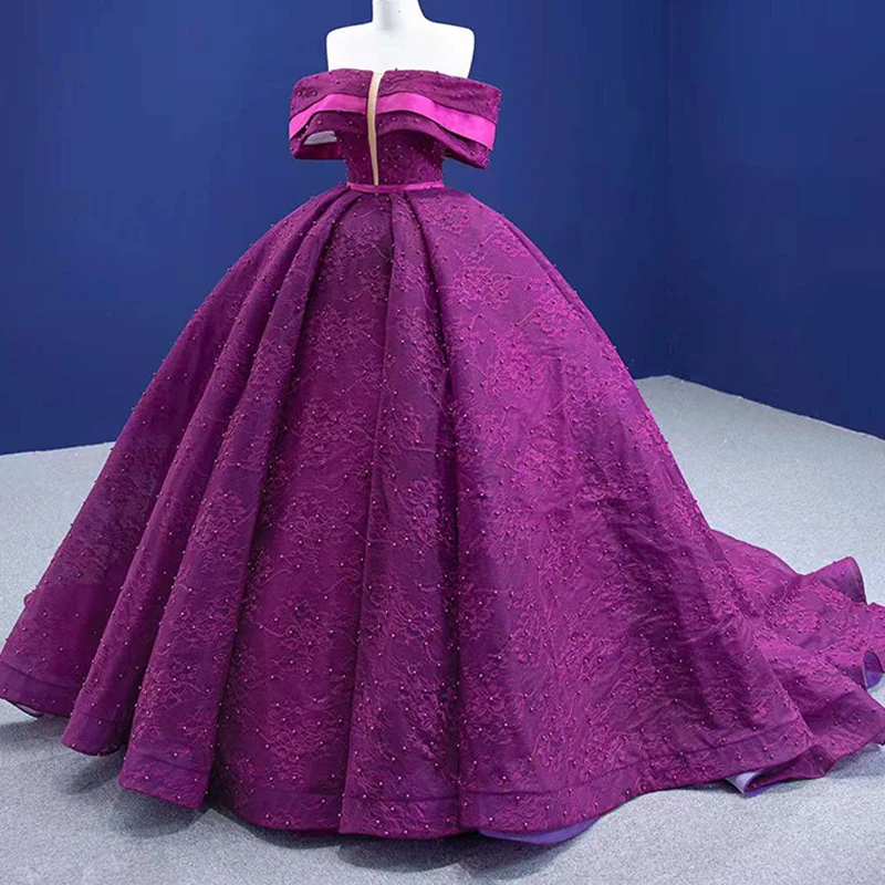 RSM67370 Fuchsia Evening Dress One-way Neckline Sunken Shoulder Sleeves Beaded Ball Banquet Vestido De Debutante Longo 3