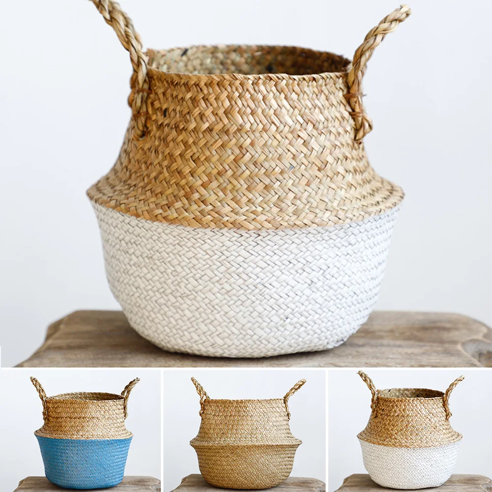 1pc Creative Grass Knitting Basket Storage Basket Flower Pot Woven Laundry Basket Storage Holder Organization