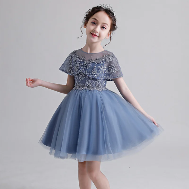grey blue short dres Новинка; Модное детское свадебное платье; кружевное платье средней длины для дня рождения; бальное платье принцессы; LX003 - Цвет: grey blue short dres