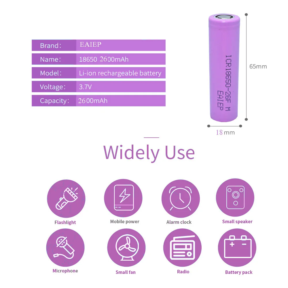 40 шт. 3,7 в 2600 мАч 18650 литий-ионная аккумуляторная батарея EAEIP ICR18650 безопасная батарея для фонарика Прямая поставка