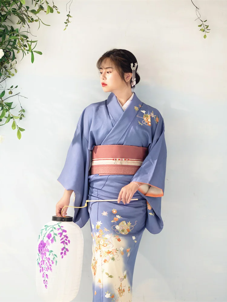 

Japanese Traditional Kimono Blue Color Floral Prints Formal Yukata Women's Retro Dress Cosplay Wear Photography Clothing