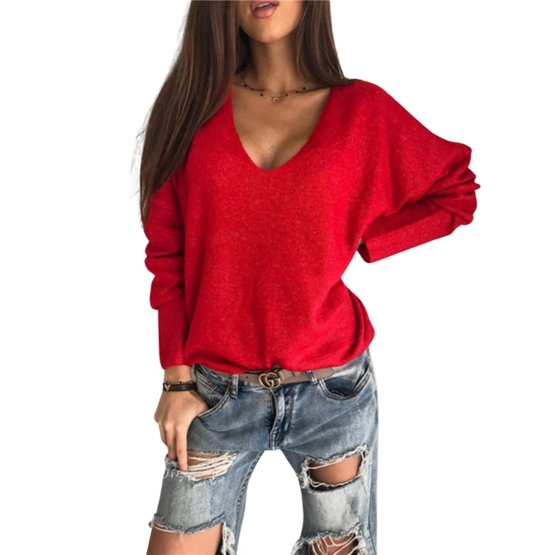 Jersey informal de Parte superior suelta de punto con manga larga y cuello en V para mujer, Color liso, Beige/rojo/amarillo/morado S/ M/ L/ XL/ XXL