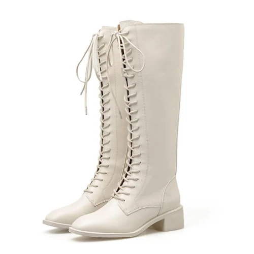 Бежевый high knee boots Winter Warm white Boots Women Low Heels Ladies Long Boots rain boots women Soft Leather Boots Women YMA980 - Цвет: Бежевый