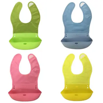 

Waterproof Baby Soft Silicone Bib Solid Color Infant Feeding Food Catcher Pocket Superior Quality