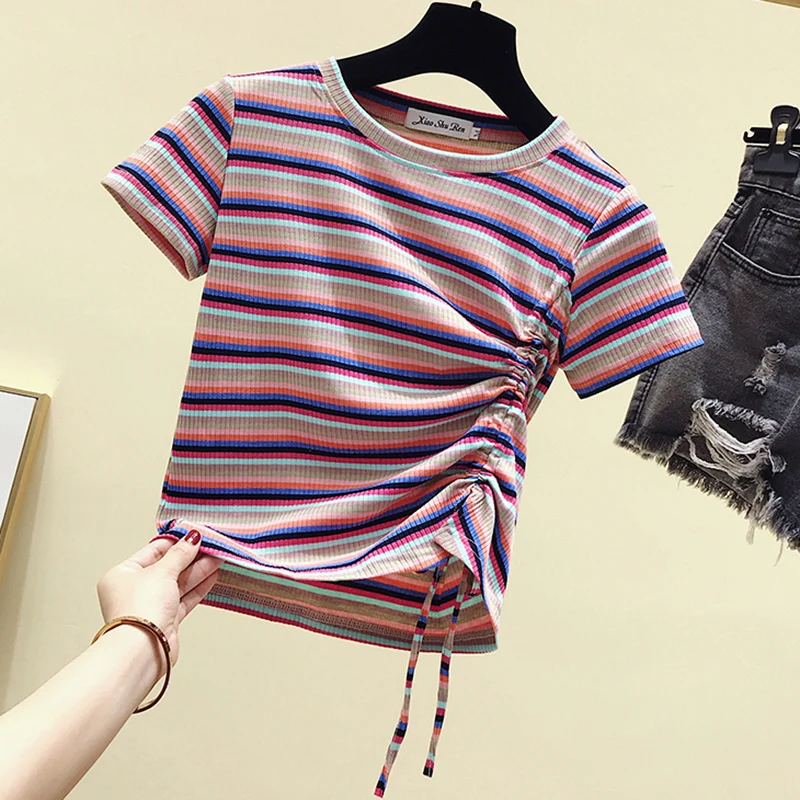 

shintimes Striped Tshirt Women Pumping Sashes Woman Short Sleeve Tees Tops T Shirt Korean Clothes 2019 Pink Female T-shirt Femme