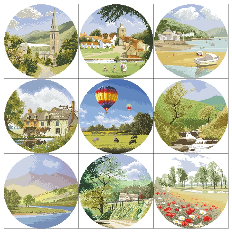 Landscape Series scenery hot air balloon Lakeside church village Mountain Stream flowers