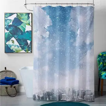 

Shower Curtains rods Winter,Snow Falling Down on New York City Urban Life Skyscrapers Streets Cold Weather,Blue Grey White,W69 x