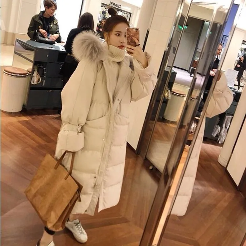 

Women's double-sided down jacket long coat winter fur collar white duck zipper warm over the knee coat coat snow coat