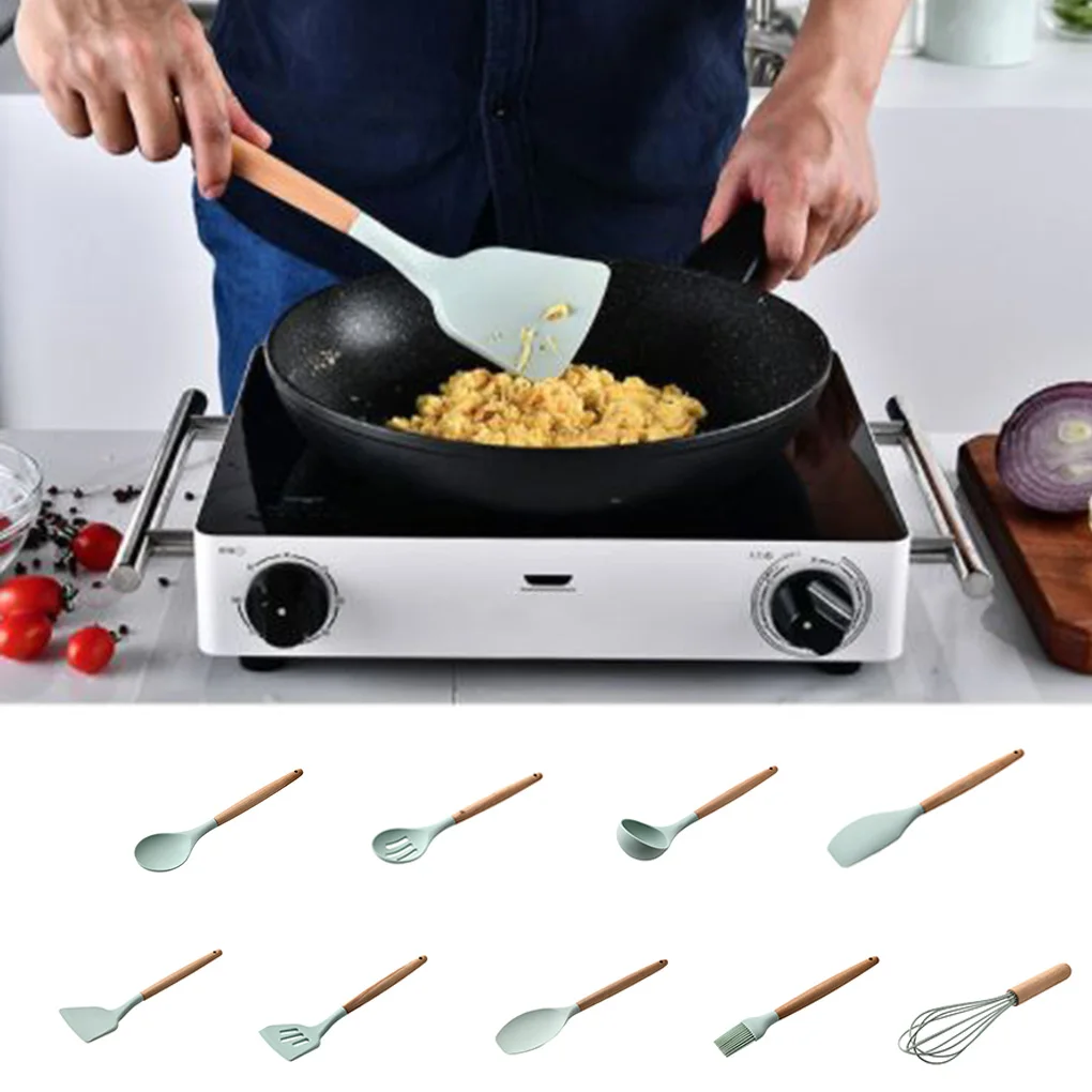 

Hot fresh green wooden handle silicone kitchen utensils non-stick shovel kitchen set Spoon spatula soup spoon scraper egg beater