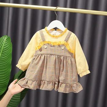

Princess Dress Western Style Tartan Skirt Fake Two-piece Flounced Skirt Dress Baby Girl's Autumn Above Knee, Mini Plaid Cotton