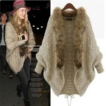 

Fast Postage Knitted Wool Cardigan Trend Of European Version Of Bat Sleeve Fur Collar Sweater