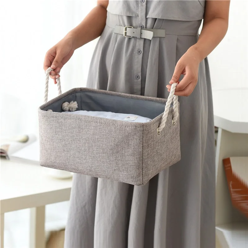 New folding Linen Fabric Storage Basket for Shelves clothes Storage box for Toys Organizer Bins portable laundry basket