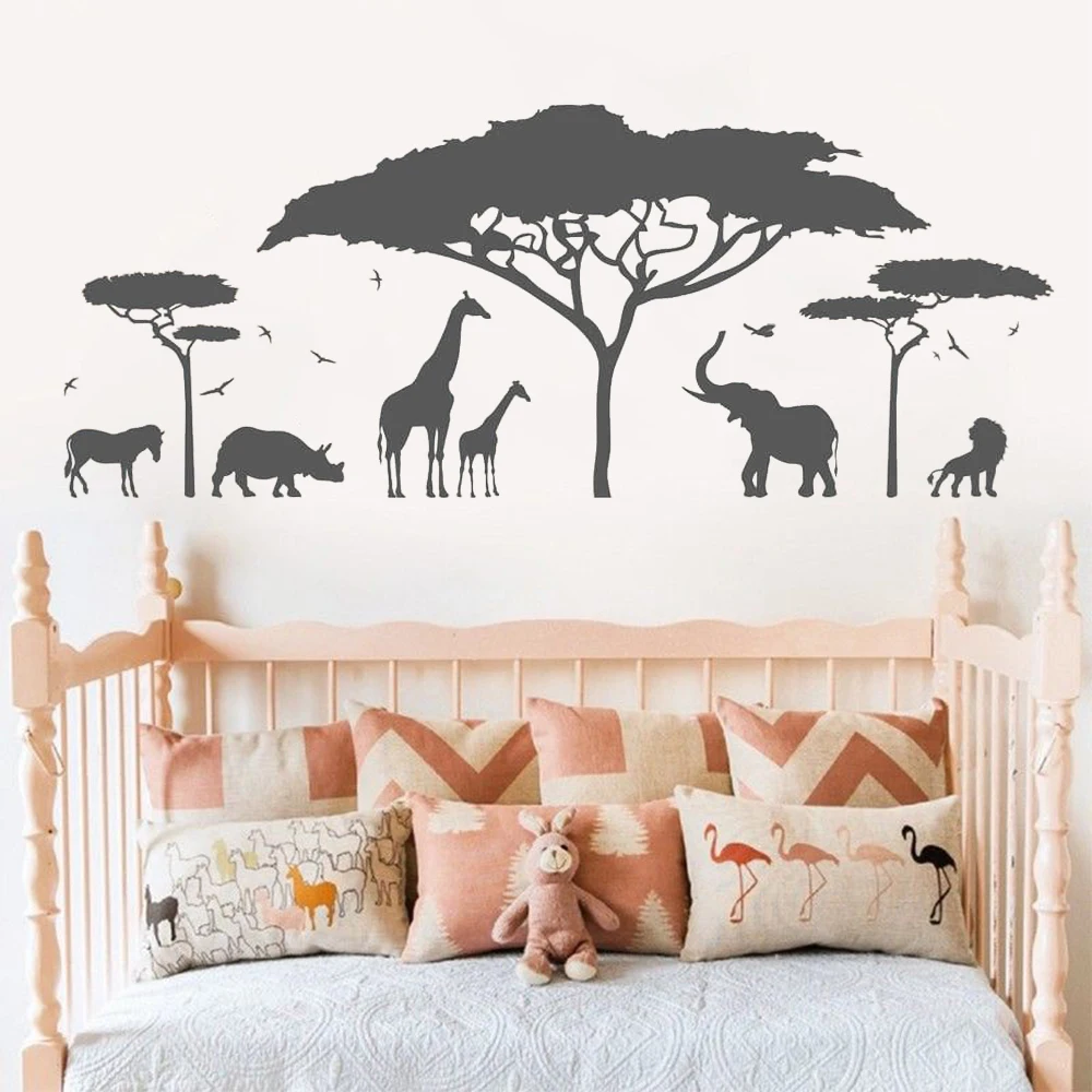 African Safari Wall Decals Wild Animal Nature Sticker Giraffe Elephant Nursery Decor Vinyl Kids Room Mural DW20980 | Дом и сад