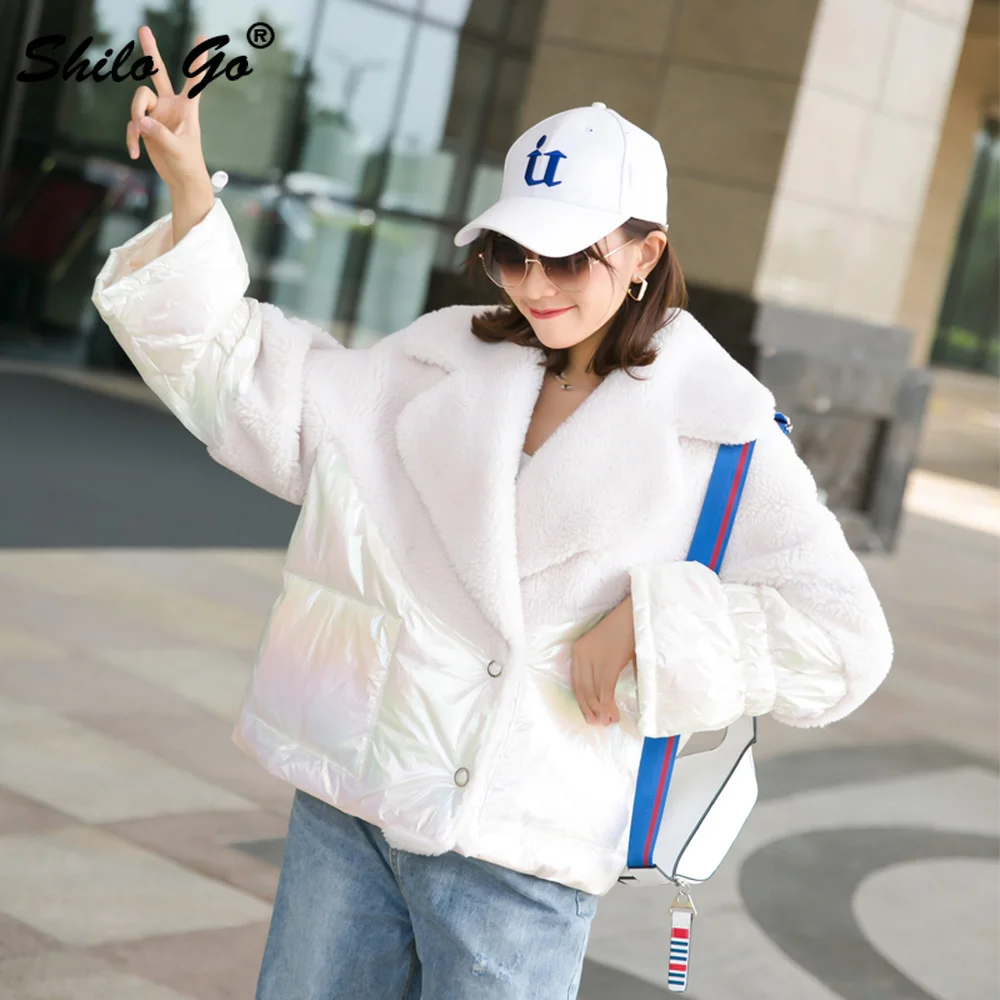 Double Faced Fur Jacket Highstreet Turn Down Collar Color Block Cut-and-Sew Lamb Fur Dwon Coat Women Winter Casual Loose Outwear