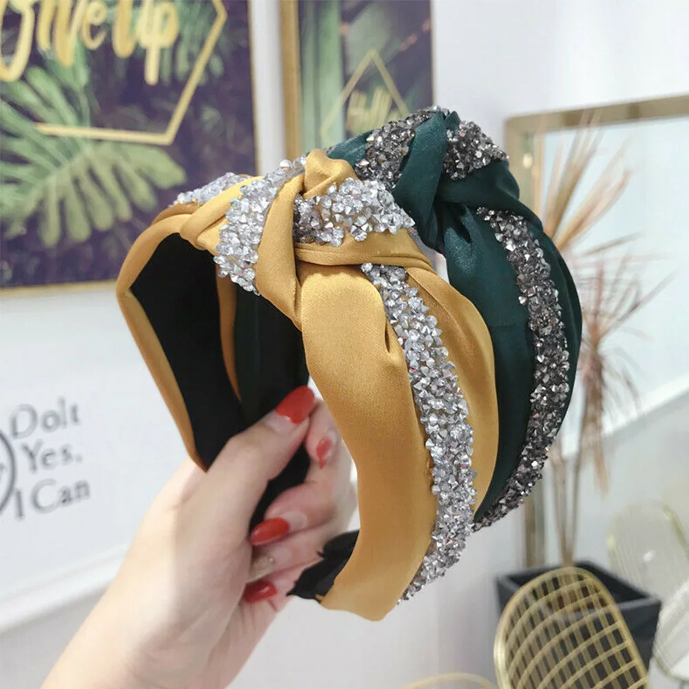 5 Colors Women's Tie Headband Silk Shiny Knot Headbands Crystal Knot Hair Band Women Patchwork Hoop Accessories Headpiece