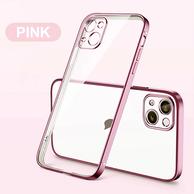 Luxury Transparent Square Frame Plating Case for iPhone 13 12 11 Pro Max Mini iPhone X Xs Xr 7 8 Plus SE 2020 Soft Clear Cover Pink