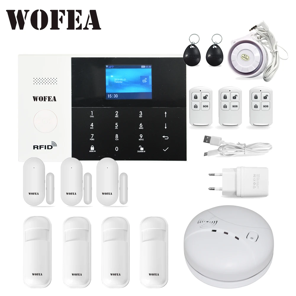 Wofea wifi gprs sim-карта SMS RFID карта приложение дистанционное управление Беспроводной топ домашней безопасности пожарный дом сигнализация система с голосовой сигнализацией - Цвет: Bundle F