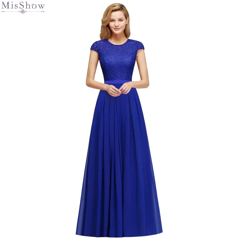 

Long Royal Blue Chiffon Evening Dress 2020 A Line Sleeveless Pink Formal Gown Lace Applique Scoop Neck robe de soiree 2019