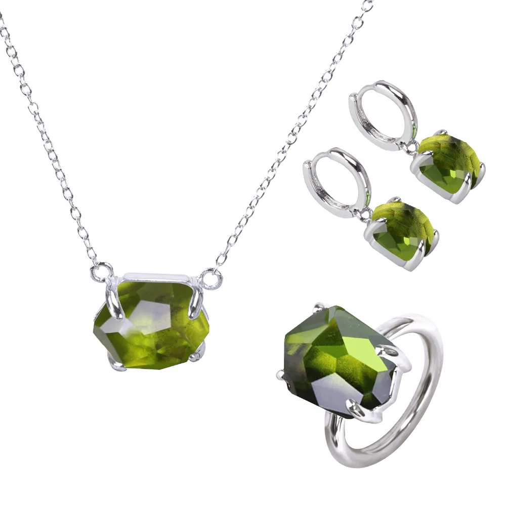 

Kayfany 2021 New Irregular Wedding Necklace-Earrings-Ring Green Crystal Plated Platinum Jewelry Set For Women Girlfriends Gift