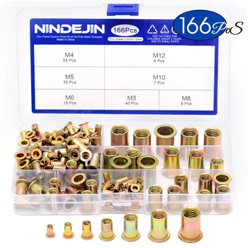 

NINDEJIN 166pcs/set Mixed Carbon Steel Rivet Nut M3 M4 M5 M6 M8 M10 M12 Nut Zinc Plated Flat Head Threaded Insert Nut Kit