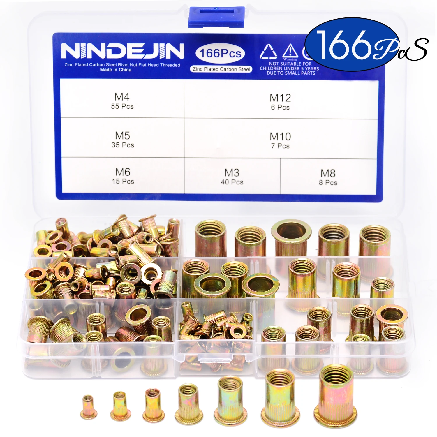 Porca de Rebite de Aço Porca de Zinco Plana com Rosca Porca de Inserção Nindejin Carbono Misturada m3 m4 m5 m6 m8 M10 M12 Chapeado Cabeça Kit 166 Pçs – Set