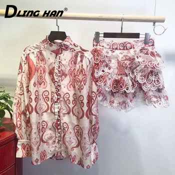 

LINGHAN Women Vacation Print Sets Fashion Stand Collar shirt Top + Sexy Hollow Out Embroidery Mini skirt Two-piece set