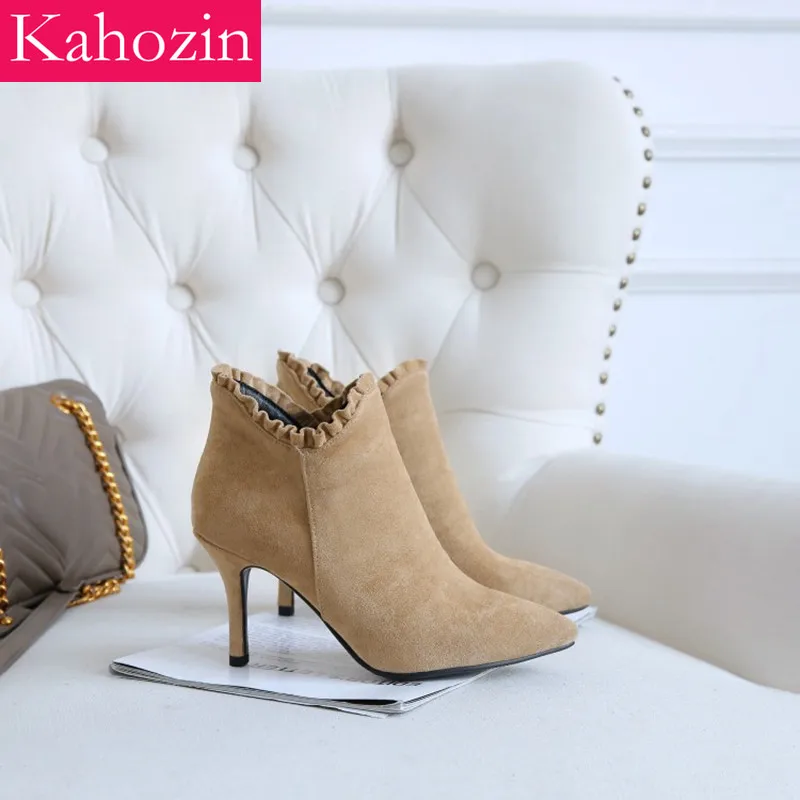

2019 Chic Women Boots High Quality Suede Autumn Winter Shoes Pointed Toe High Heels Peluche Ankle Boots buty damskie chuteira